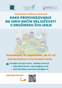 plakat za delavnico pripovedovanja otrokom, ki bo v ponedeljek, 18. 9., ob 17.00 v Knjižnici Tolmin